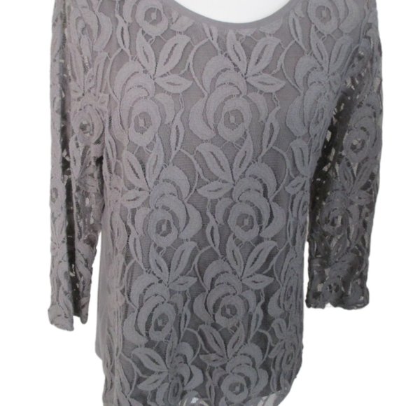 Chico's Gray Lucie Lace Front Sheer 3/4 Sleeve Knit Back Top Size 1/M/8 - Picture 11 of 16